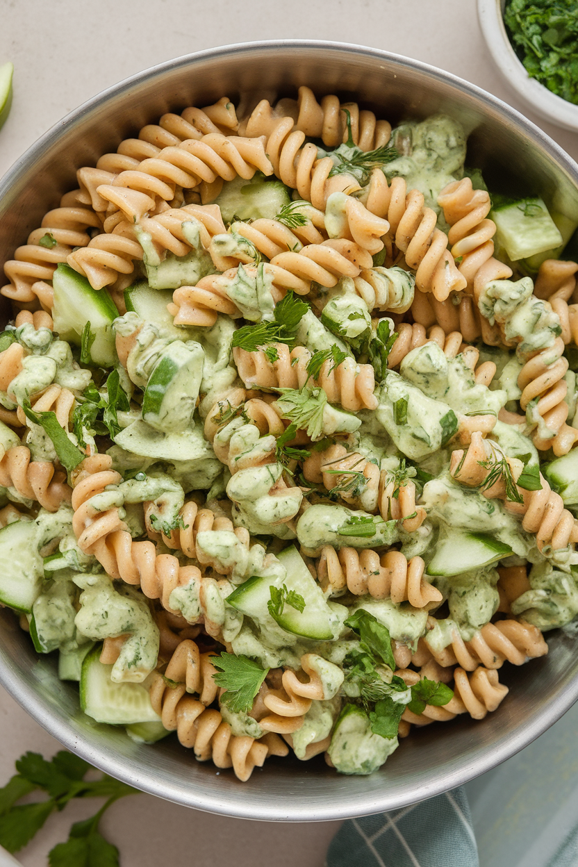 Indoor photo of chickpea rotini tossed with chopped cucumber, herbs, and a creamy green goddess yogurt dressing, presented in a serving bowl. No text or logos.