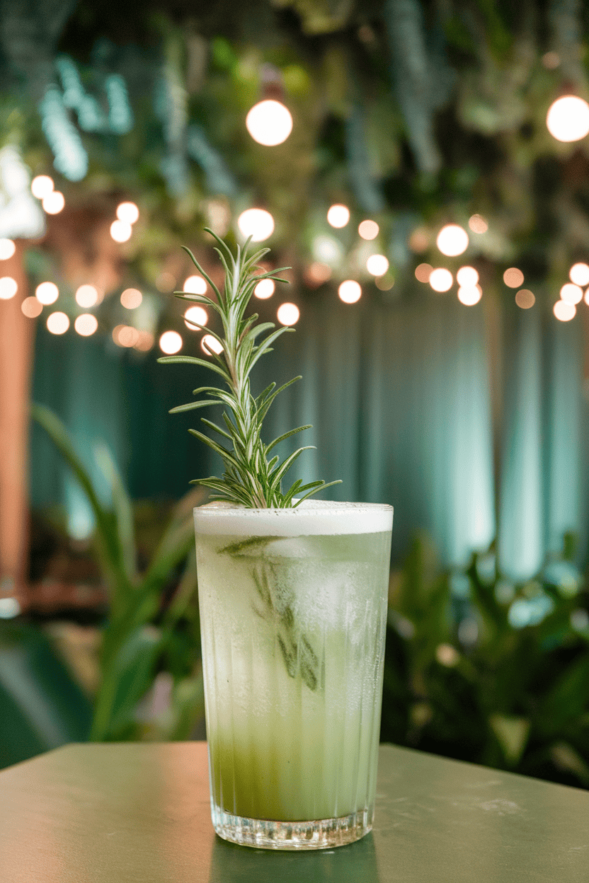 Indoor forest-themed bar with highball glass of pale sage gin fizz, sprig of fresh rosemary standing tall through foamy head; no text or logos.