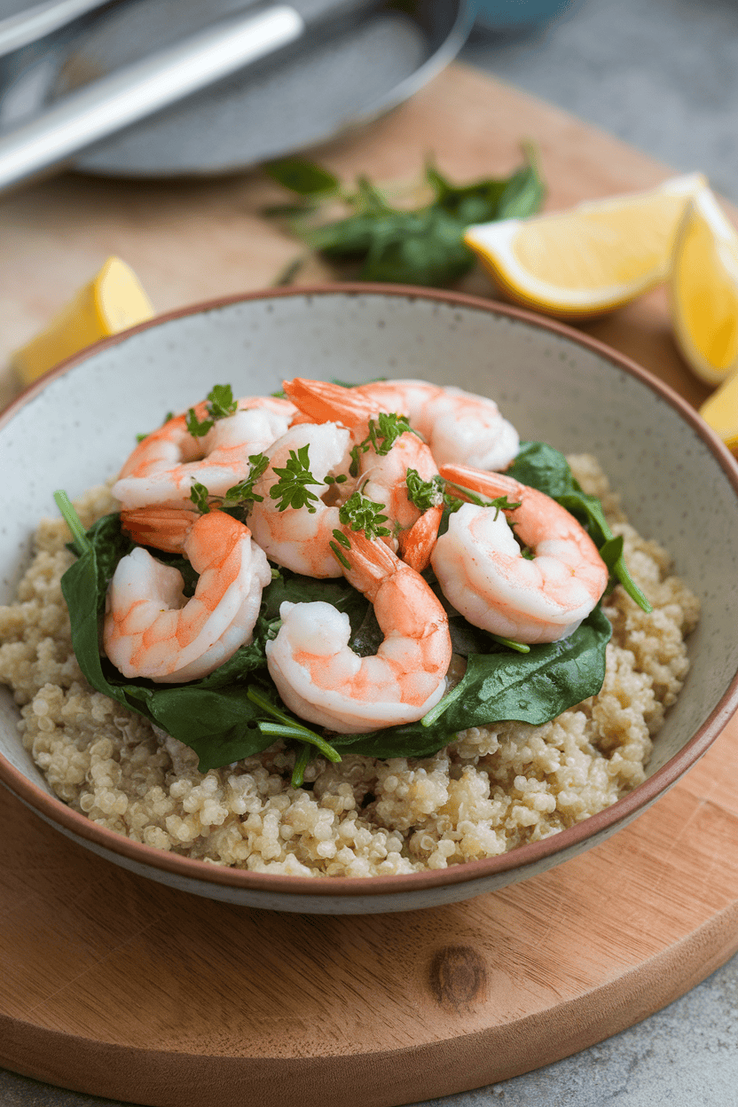An indoor tabletop scene featuring a shallow bowl of cooked quinoa topped with pink sautéed shrimp, baby spinach, and a drizzle of herb butter. No logos or text, photo only.