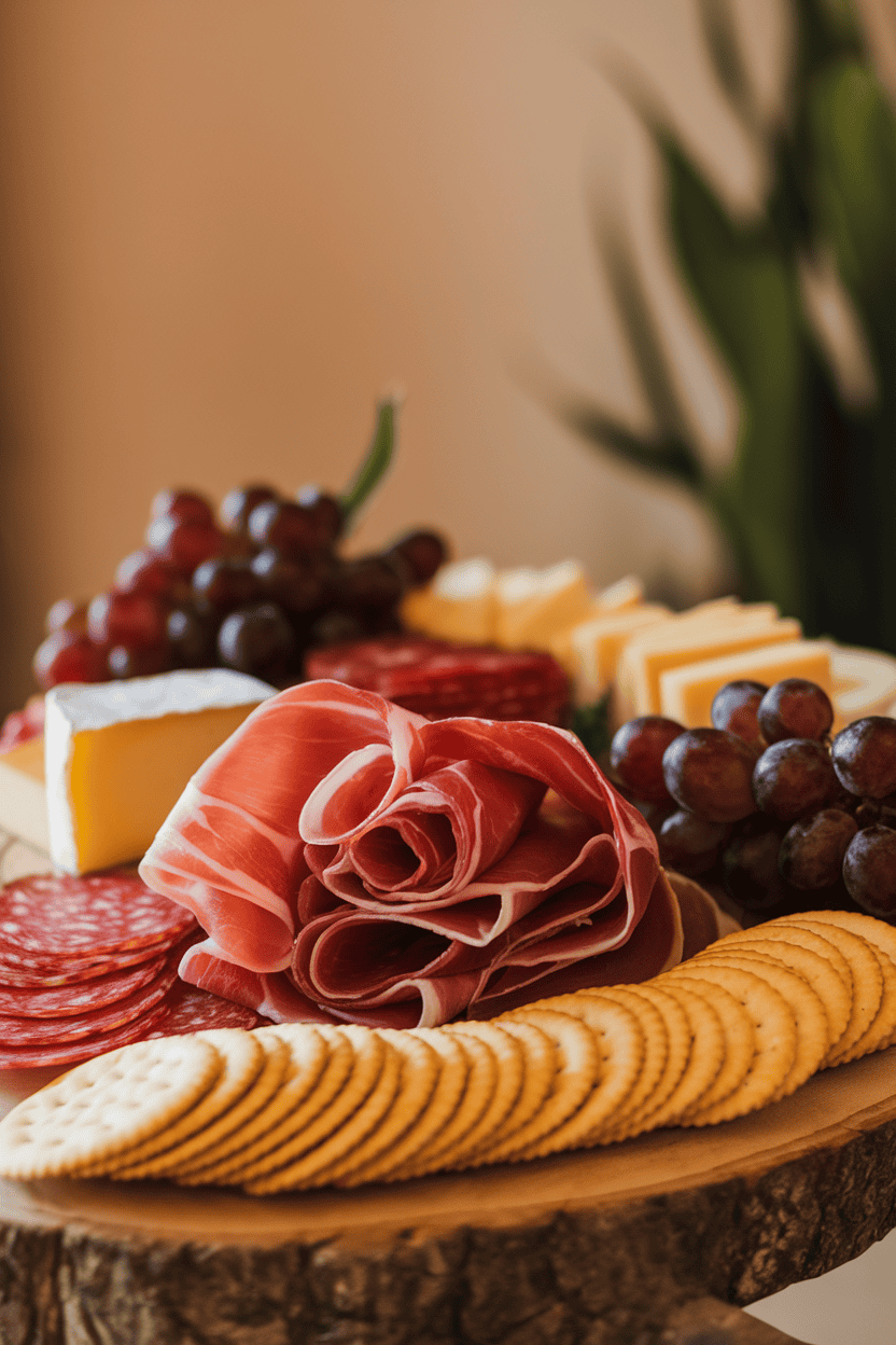 Photo of a wooden board topped with folded prosciutto, salami, assorted cheeses, grapes, and crackers, styled indoors under warm lighting. No visible logos or text.