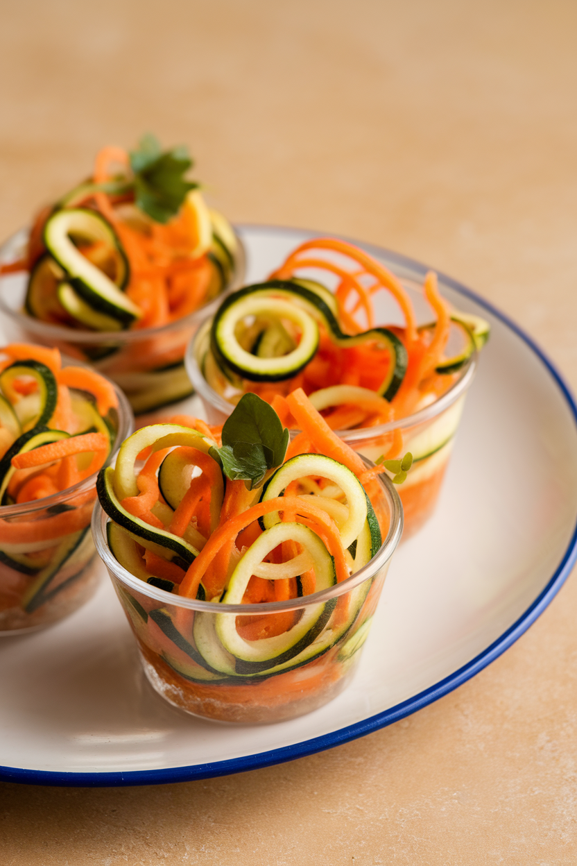 Photo of small clear cups filled with spiralized zucchini and carrot “worms,” tossed in vinaigrette, indoor shot. No text or logos.
