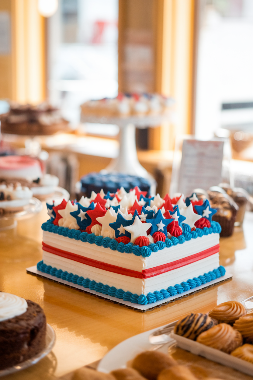 A warmly lit indoor bakery counter featuring a rectangular sheet cake topped with buttercream stars and stripes in vibrant red, white, and blue, photographed from a slight overhead angle. This should be a photo, not an illustration. No text or logos visible.