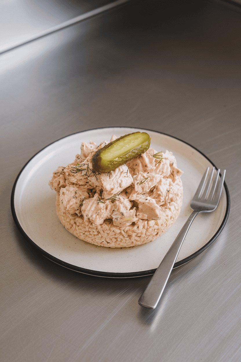 Photo of round rice cakes topped with chicken salad speckled with dill pickle, indoor countertop, no text or logos.