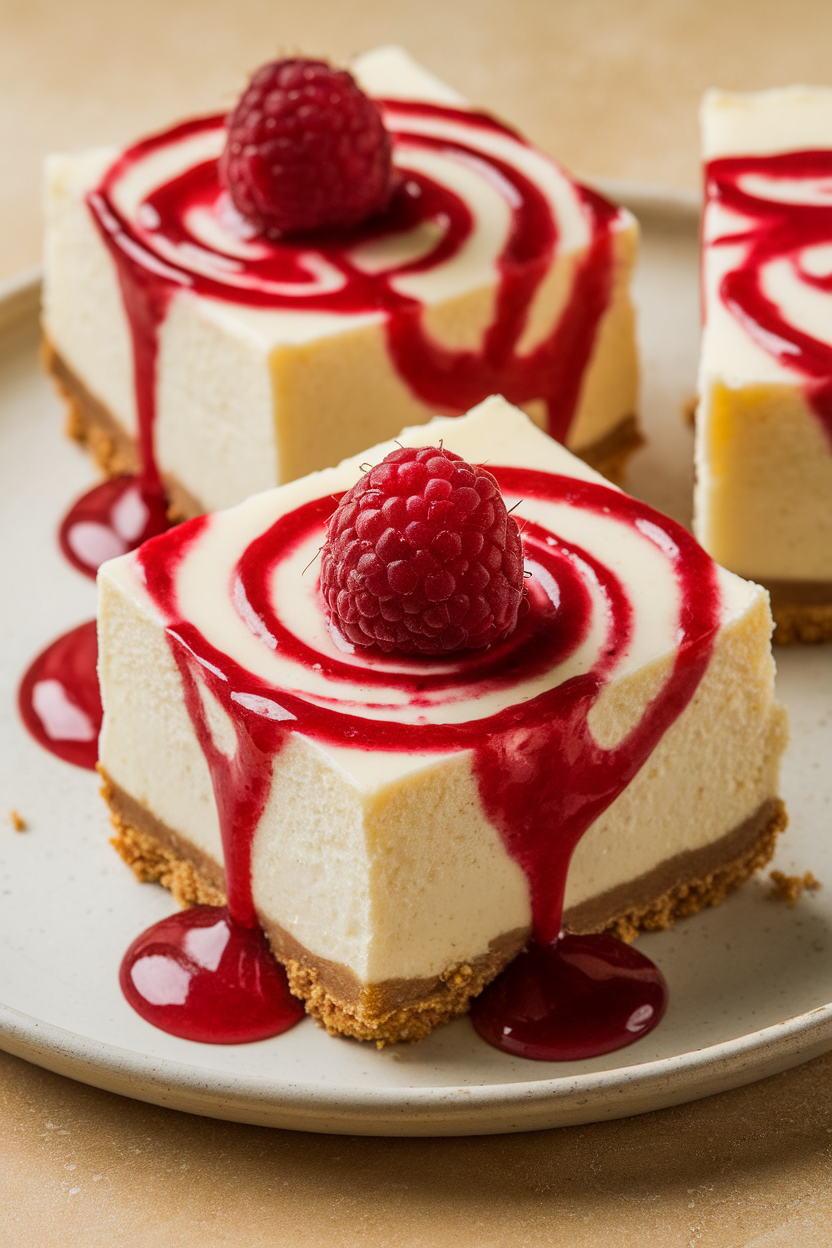 An indoor dessert plate displaying creamy cheesecake bars drizzled with two red raspberry “bite marks” that trickle down the sides. Photo only, no text or logos.