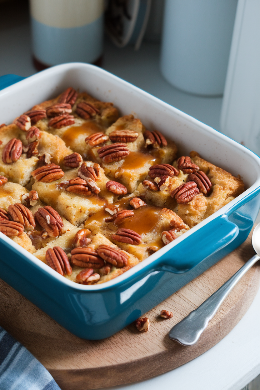 Indoor photo of a ceramic baking dish with golden bread pudding squares studded with pecans and drizzled with bourbon sauce. No text or logos.