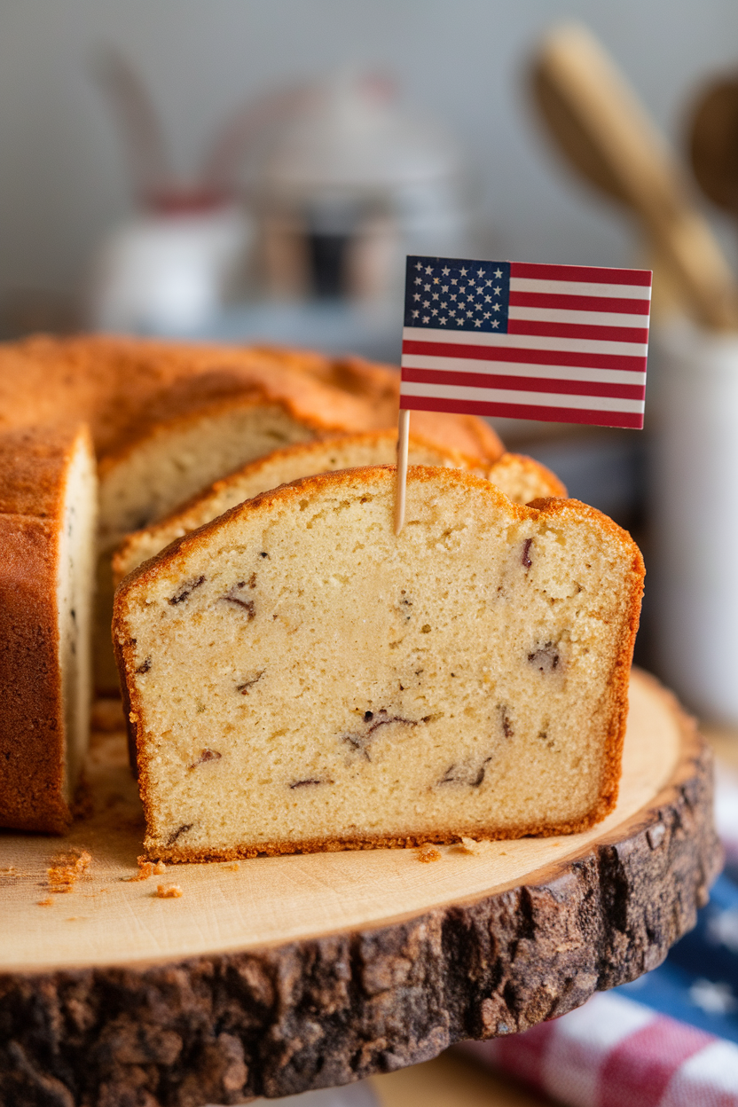 Sliced vanilla bean pound cake indoors on a serving board, visible specks of vanilla seeds throughout, a tiny American flag pick beside the loaf. Photo only, no text or logos.