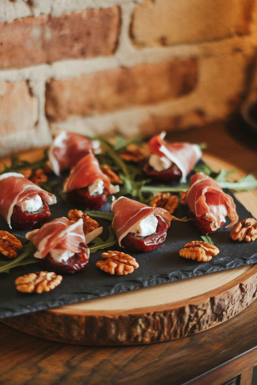 Warmly lit indoor table showing a slate platter with goat cheese-stuffed Medjool dates wrapped in prosciutto, toasted walnut halves, and arugula leaves scattered around. No text or logos. Photo only.