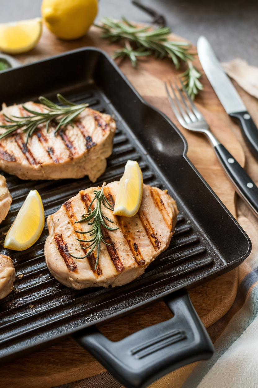 An indoor grill-pan scene with cooked turkey cutlets bearing grill marks, topped with rosemary sprigs and lemon wedges. No text or logos; photography only.