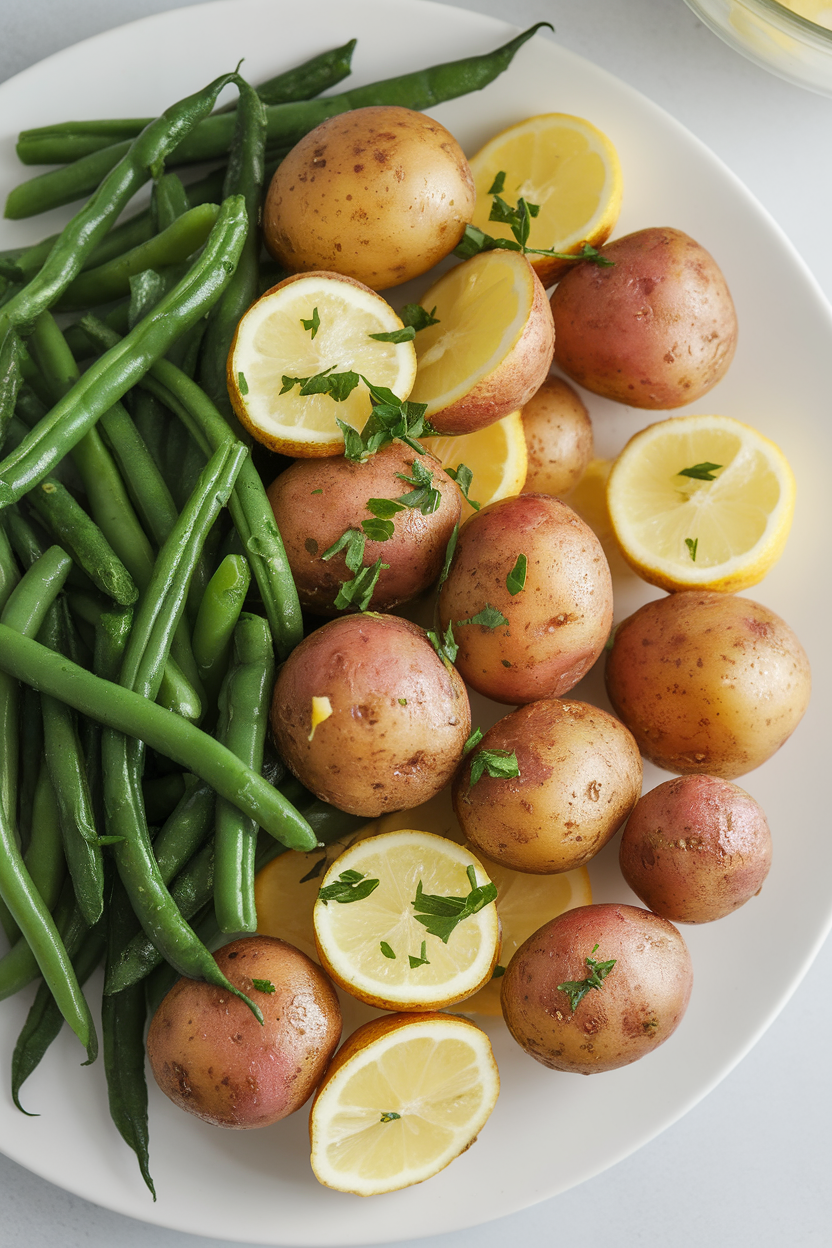 Indoor photo of halved baby potatoes and blanched green beans coated in lemon-Dijon dressing with parsley sprinkled on top; no text or logos.