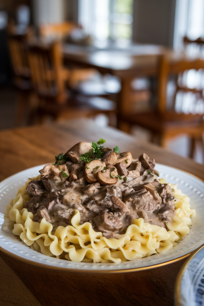 Bowl of egg noodles topped with creamy beef and mushroom stroganoff, indoor lighting. No text or logos. Photo.