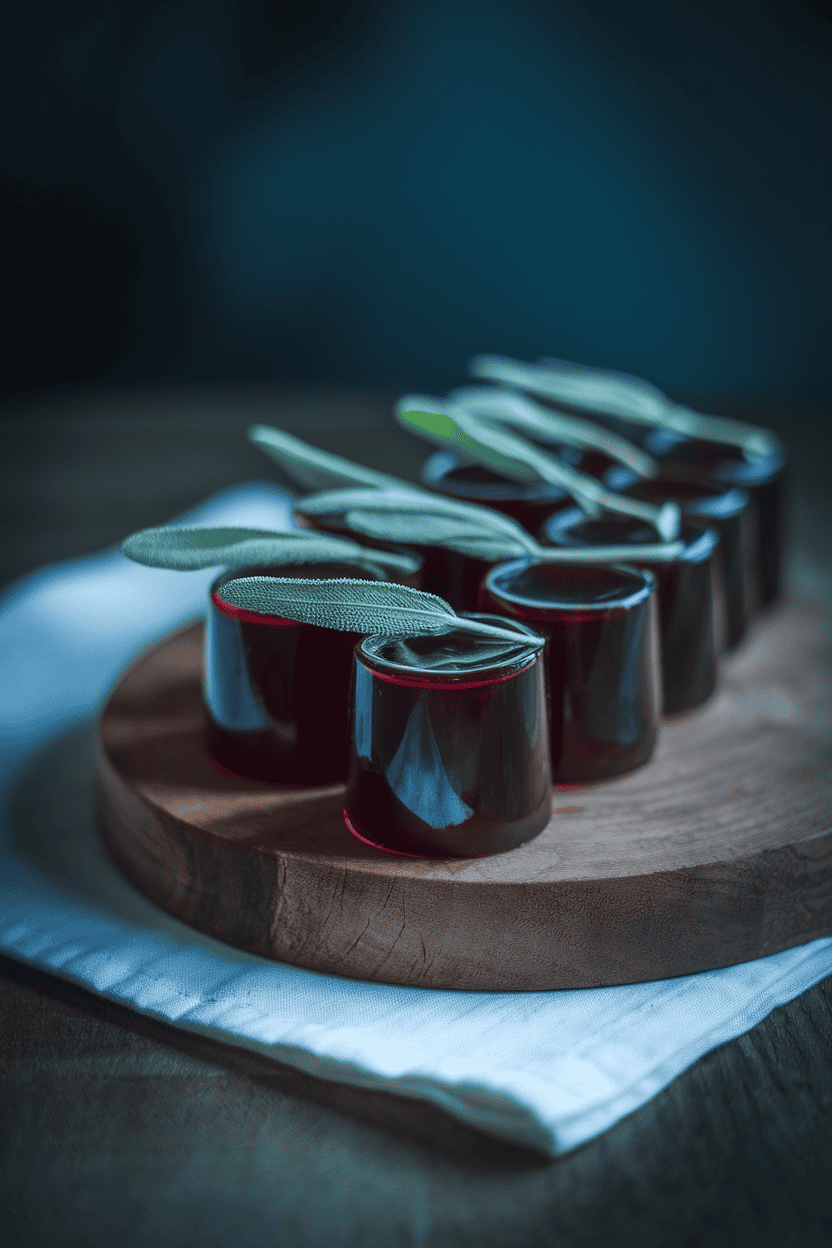 Indoor wooden board showing blackberry jello shots with a single fresh sage leaf embedded inside, dim chiaroscuro lighting, no logos
