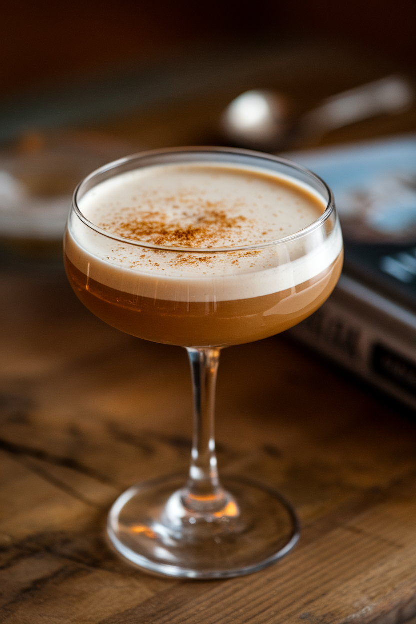 Photo of an indoor coupe glass, filled with a creamy brown butter bourbon flip, light foam on top and grated nutmeg shower. No text or logos in scene.