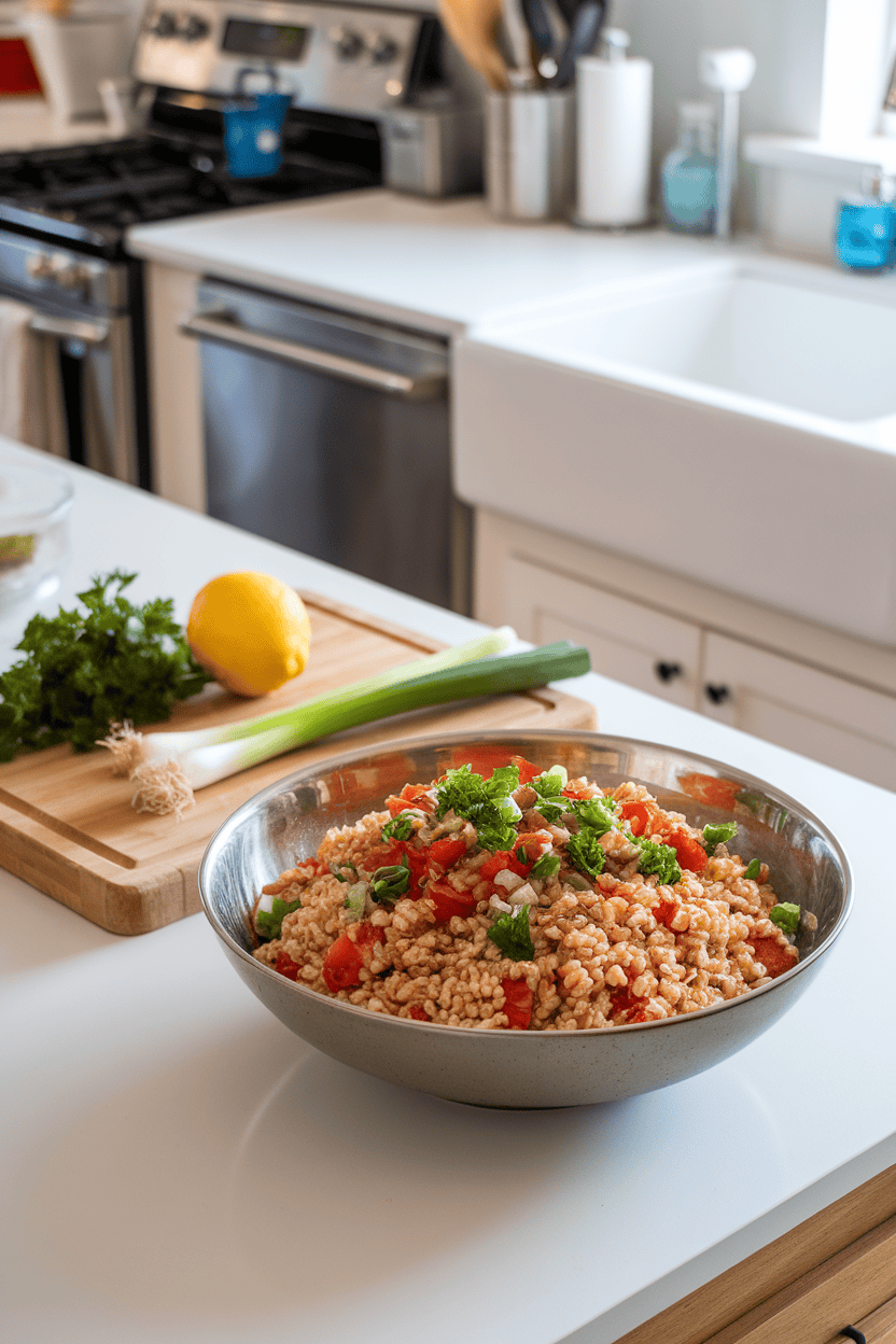 Indoor kitchen island showing a serving bowl of cooked farro tossed with parsley, diced tomato, scallions, and lemon dressing. No text or logos. Photo, not illustration.