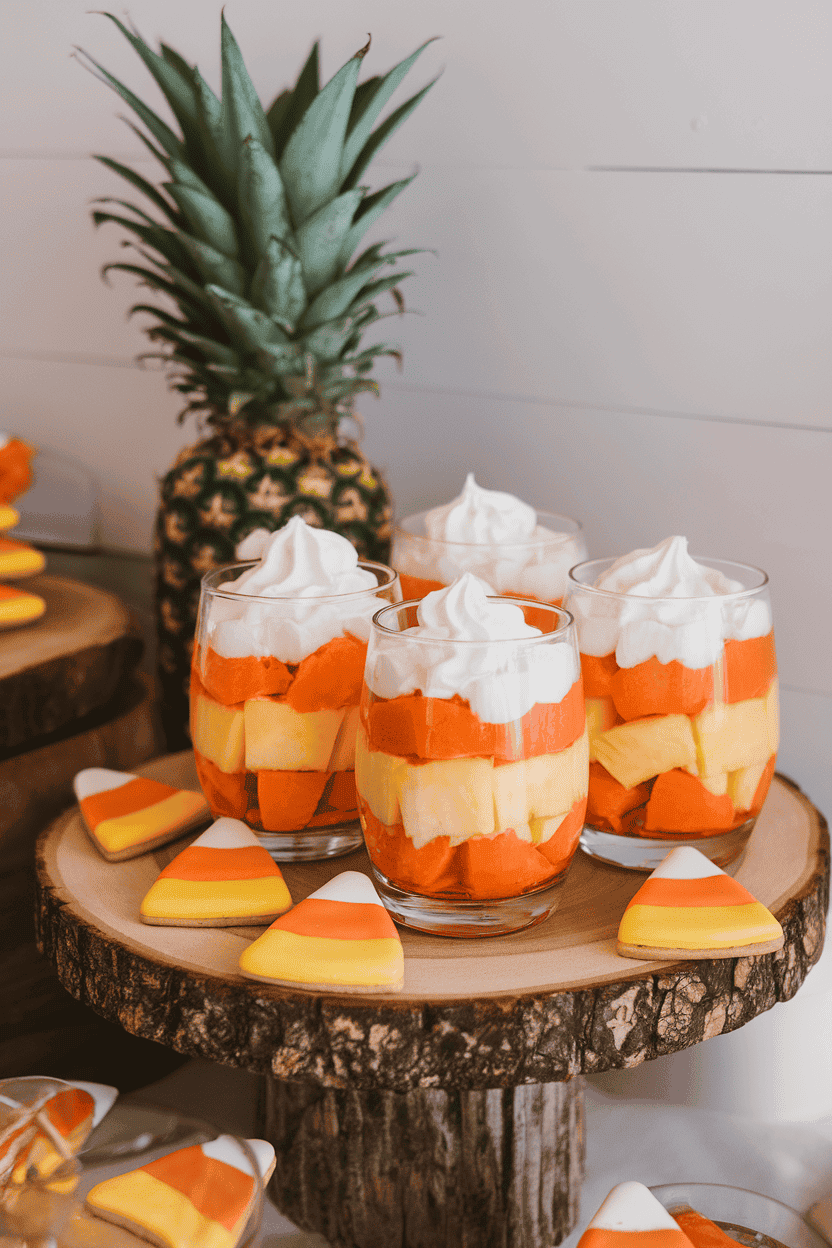 An indoor dessert bar featuring clear glasses layered with pineapple, mandarin oranges, and whipped cream to mimic candy corn colors. No text or logos.