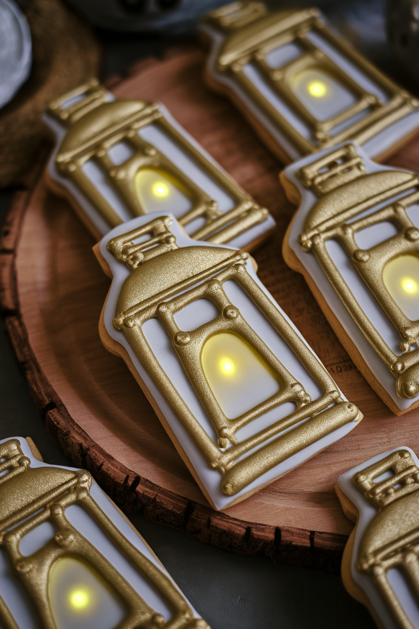 Indoor photo of lantern cookies painted with edible metallic paint and faint yellow “light” in center, dim room lighting, no text or logos.