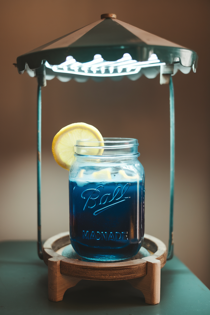 Indoor lemonade stand with mason jar of midnight-blue lemonade under UV light, crescent lemon slice on rim. No text or logos visible. Photo, not illustration.