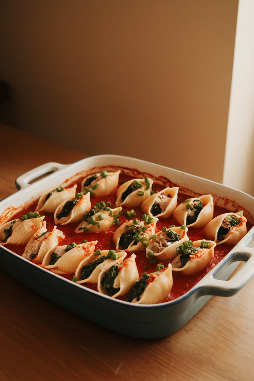 A casserole dish on an indoor dining table showing jumbo pasta shells stuffed with turkey and spinach, marinara bubbling around. No text or logos, photo.