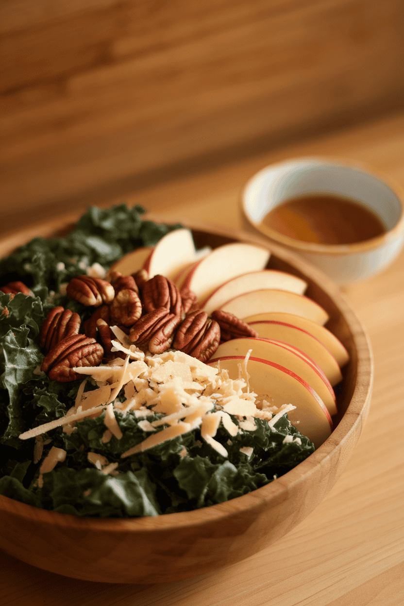 Warm indoor photo of chopped kale, apple slices, toasted pecans, and shredded Parmesan in a wooden bowl, dressing on the side; no logos.
