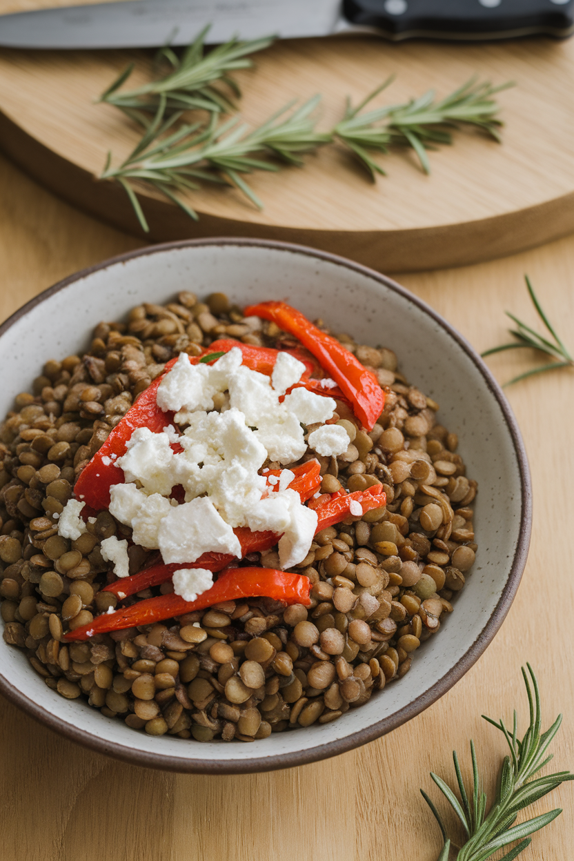 An indoor plate of cooked green lentils mixed with strips of roasted red pepper, topped with goat-cheese crumbles. No logos or text; photography only.