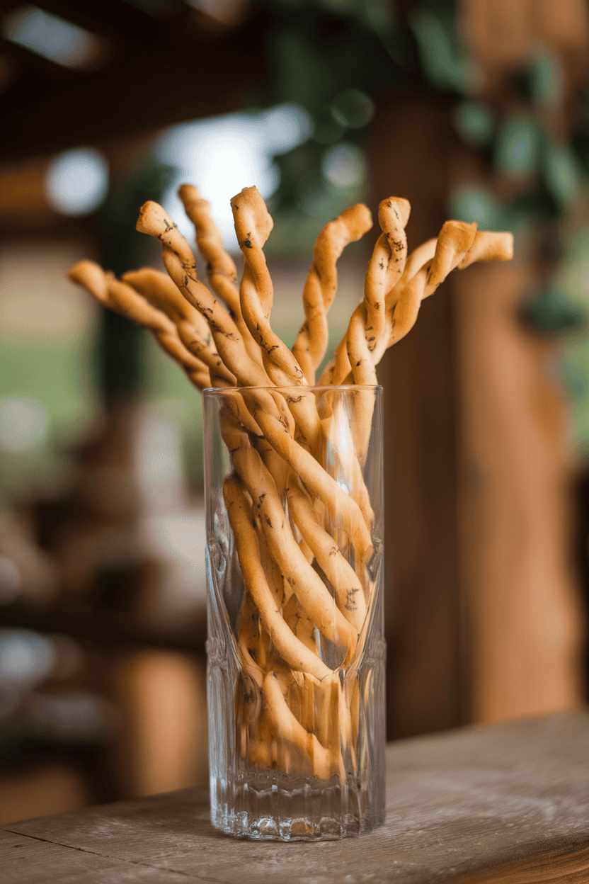 Indoor photo of twisted herb breadsticks baked until golden, placed in a tall glass so they spiral upward like gusts of wind. No text or logos.