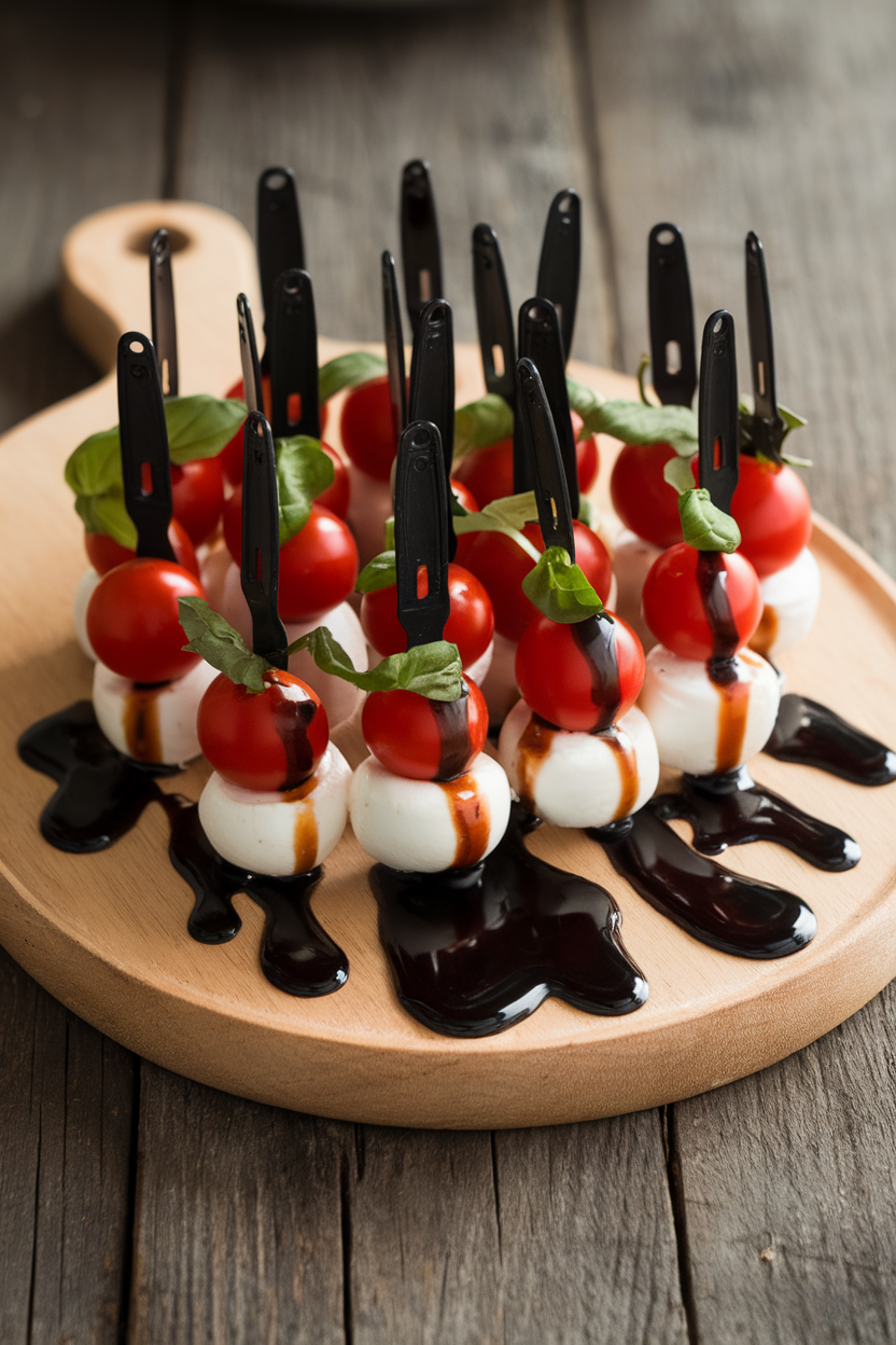 An indoor appetizer tray featuring black plastic mini forks skewering cherry tomatoes, mozzarella pearls, and basil, drizzled with thick balsamic glaze shaped like dripping tar. No text or logos. Photo, not illustration.
