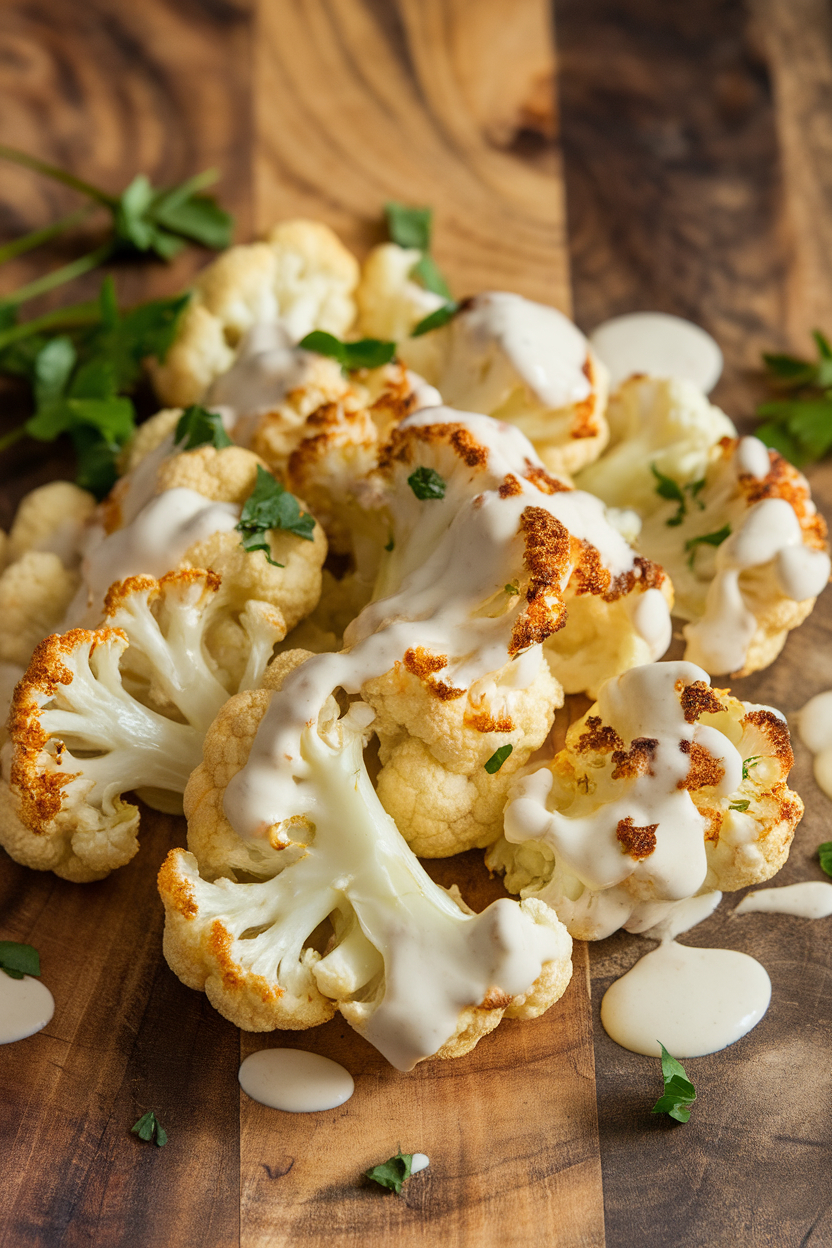 Indoor photo of a drizzle of creamy tahini sauce over roasted cauliflower florets on a serving platter; no text or logos