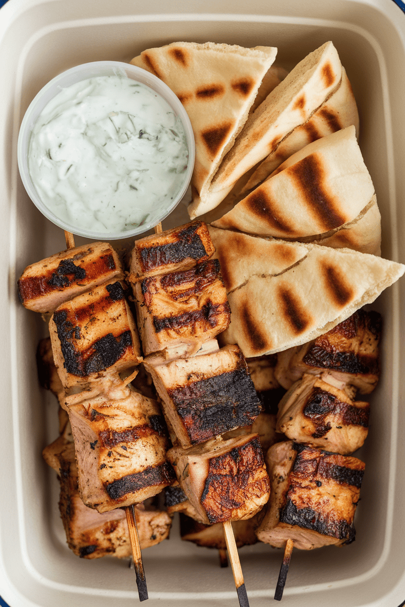 Indoor container with grilled chicken souvlaki skewers, side of pita wedges, and tzatziki cup. No branding.