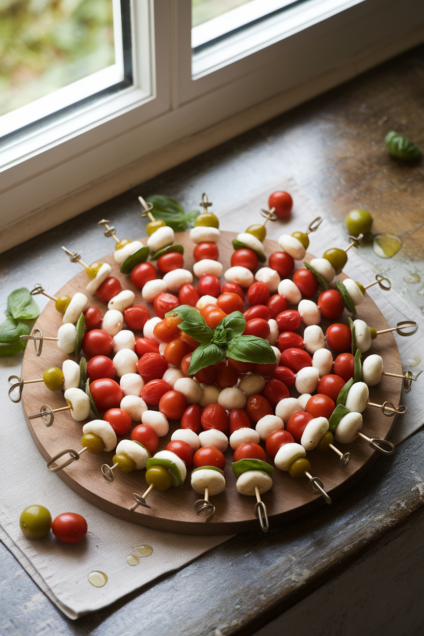 Photo of an indoor wooden platter topped with mini skewers holding cherry tomatoes, fresh mozzarella pearls, and basil leaves, lightly drizzled with olive oil; soft window light; no text or logos.