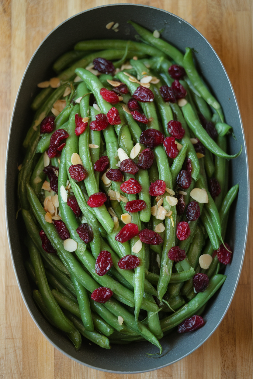 A shallow indoor dish of sautéed green beans dotted with jewel-red dried cranberries and slivered almonds; no text or logos. Photo only.