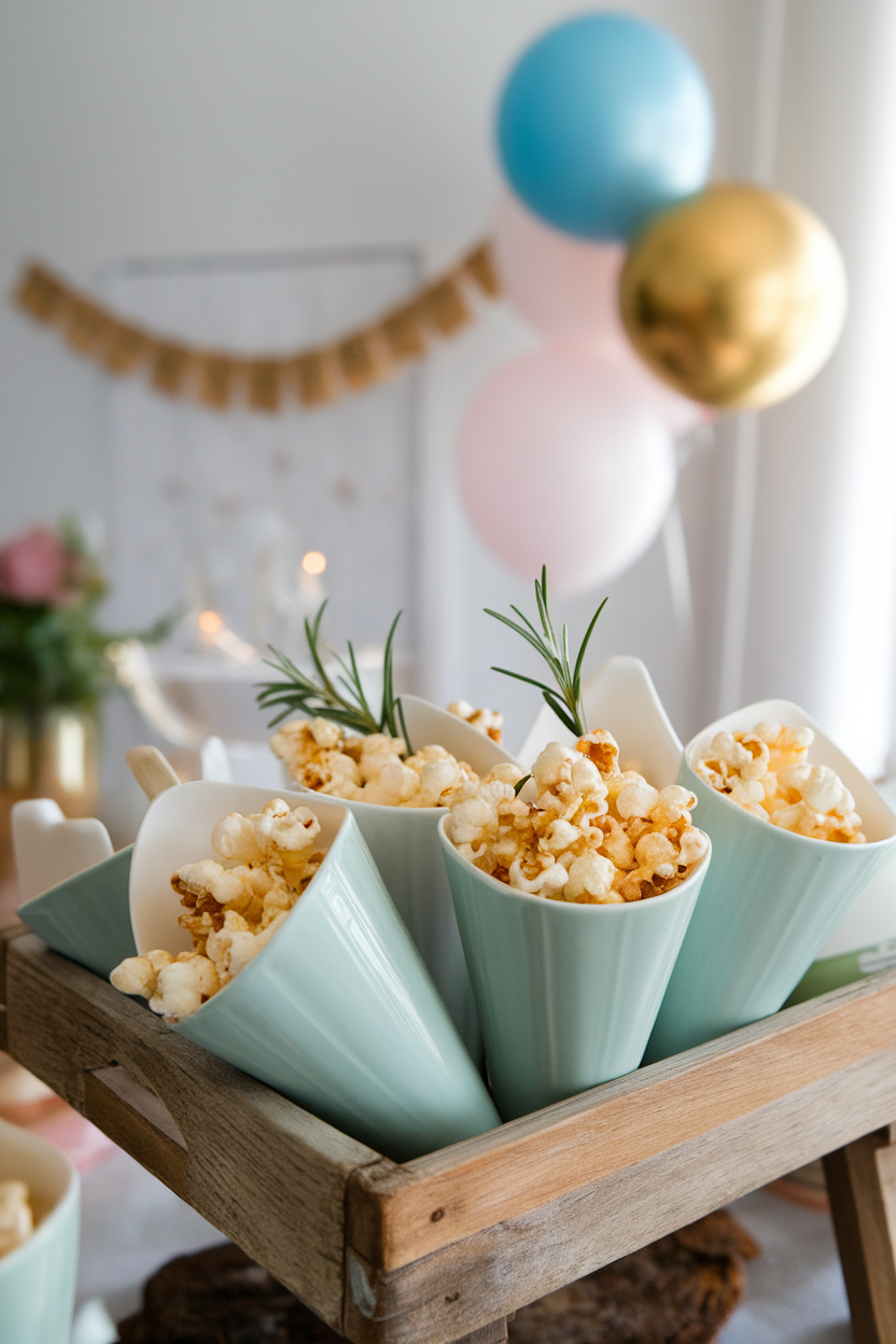 Indoor party scene with several paperless ceramic cones filled with rosemary-parmesan popcorn, set inside a wooden tray. No text or logos. Photo only.