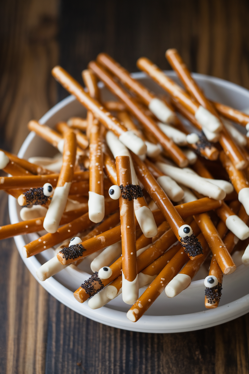 Indoor platter of pretzel rods half-dipped in white chocolate, black sprinkle eyes near the tips. No text or logos.