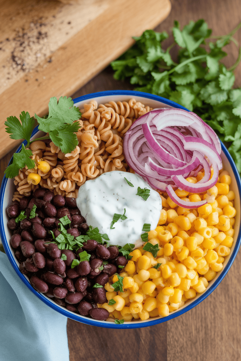Photo of a bowl indoors with whole-wheat pasta, black beans, corn, red onion, and creamy yogurt dressing, no text or logos.