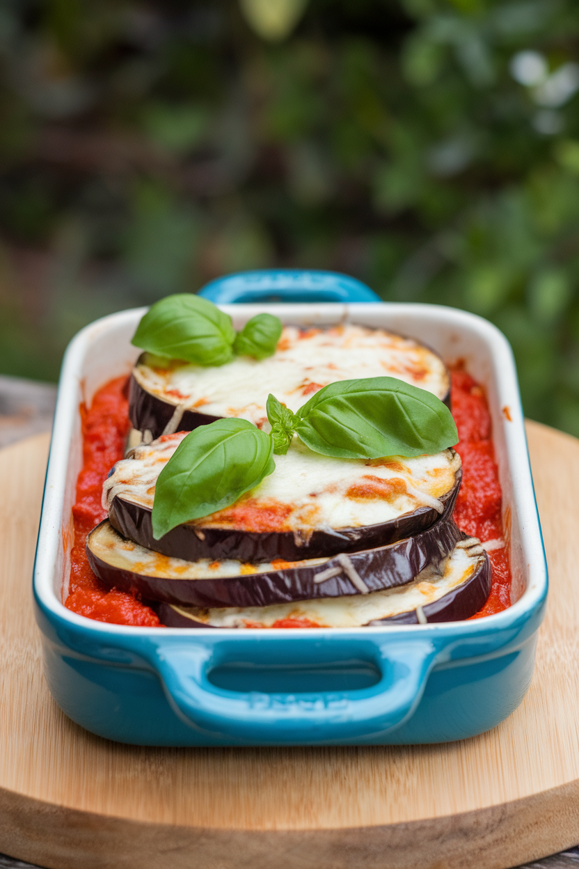 An indoor photo of a small baking dish filled with layered roasted eggplant rounds, tomato sauce, and fresh basil leaves, cheese slightly melted on top, no text or logos.