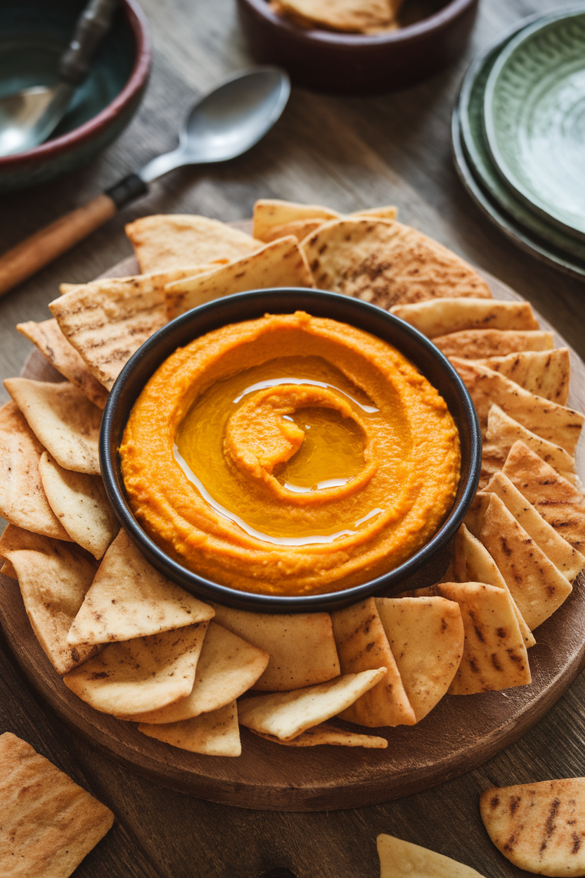A rustic indoor bowl of orange pumpkin hummus swirled with olive oil, surrounded by pita chips on a platter. No text or logos present. Photo only.