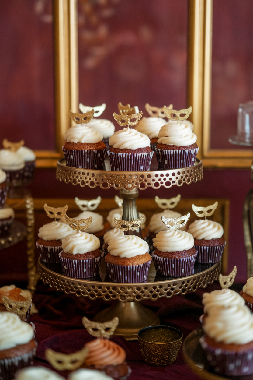 Indoor dessert stand holding spiced chai cupcakes topped with cream cheese frosting and tiny gold mask decorations. Photo only, no text or logos.