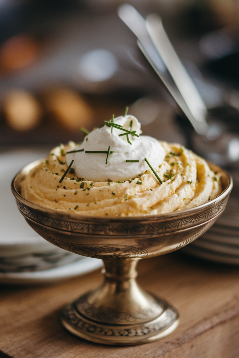 Indoor serving bowl of whipped parsnips with a swirl of horseradish cream on top, garnished with chives. Photo, no text or logos.