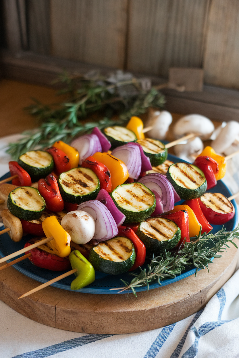 An indoor platter holding colorful skewers of grilled zucchini, bell peppers, red onion, and mushrooms, lightly brushed with olive oil, grill marks visible. No text or logos.