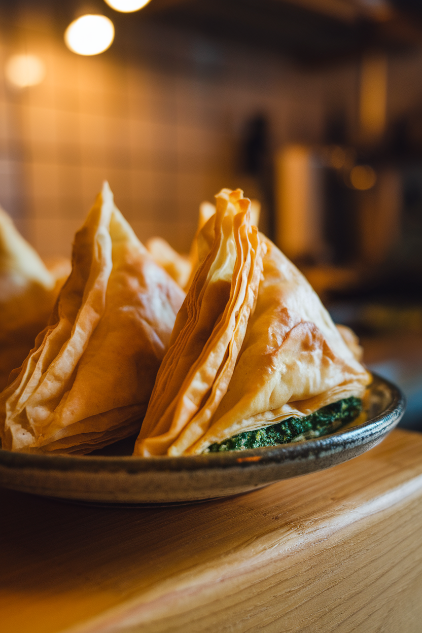 Photo of golden phyllo pastry triangles on a ceramic plate indoors, flaky layers visible with a hint of green spinach filling; warm kitchen lighting; no text or logos.