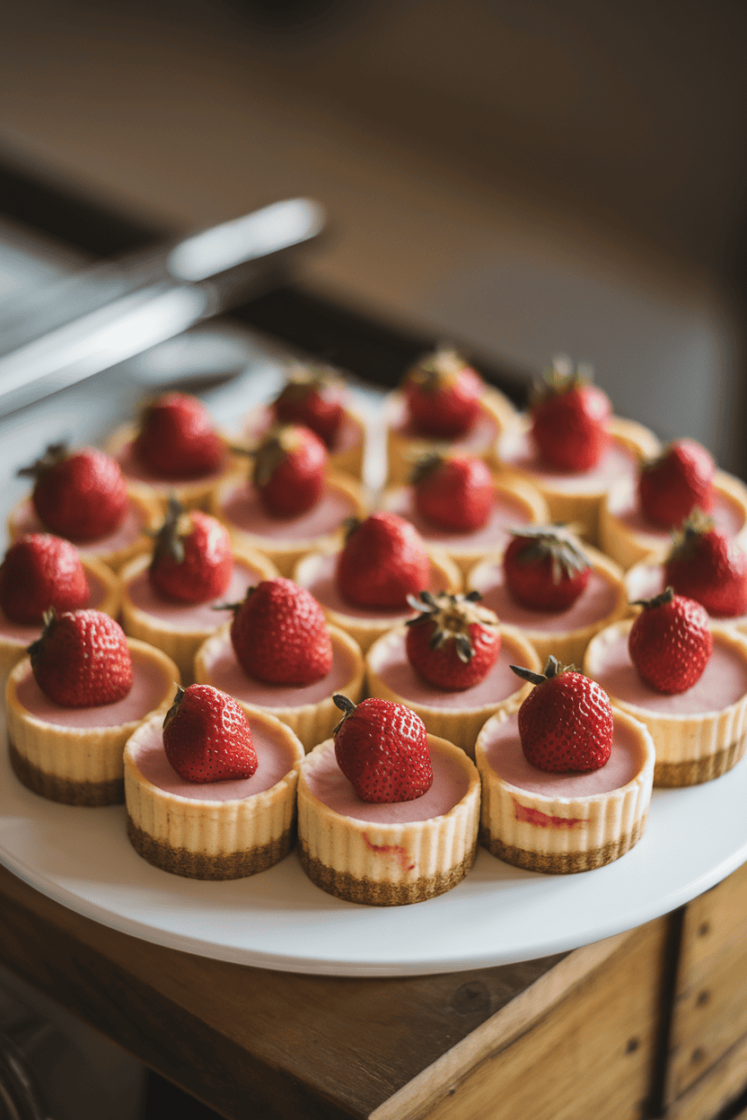 Photo of bite-size cheesecakes with strawberry topping arranged neatly on a white platter indoors. No logos or text visible.