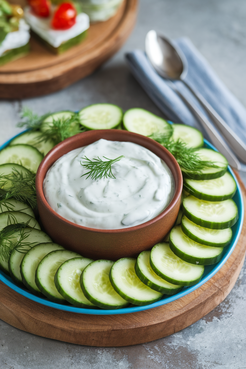 An indoor appetizer platter featuring a bowl of creamy tzatziki surrounded by cucumber rounds and fresh dill; no text or logos visible.