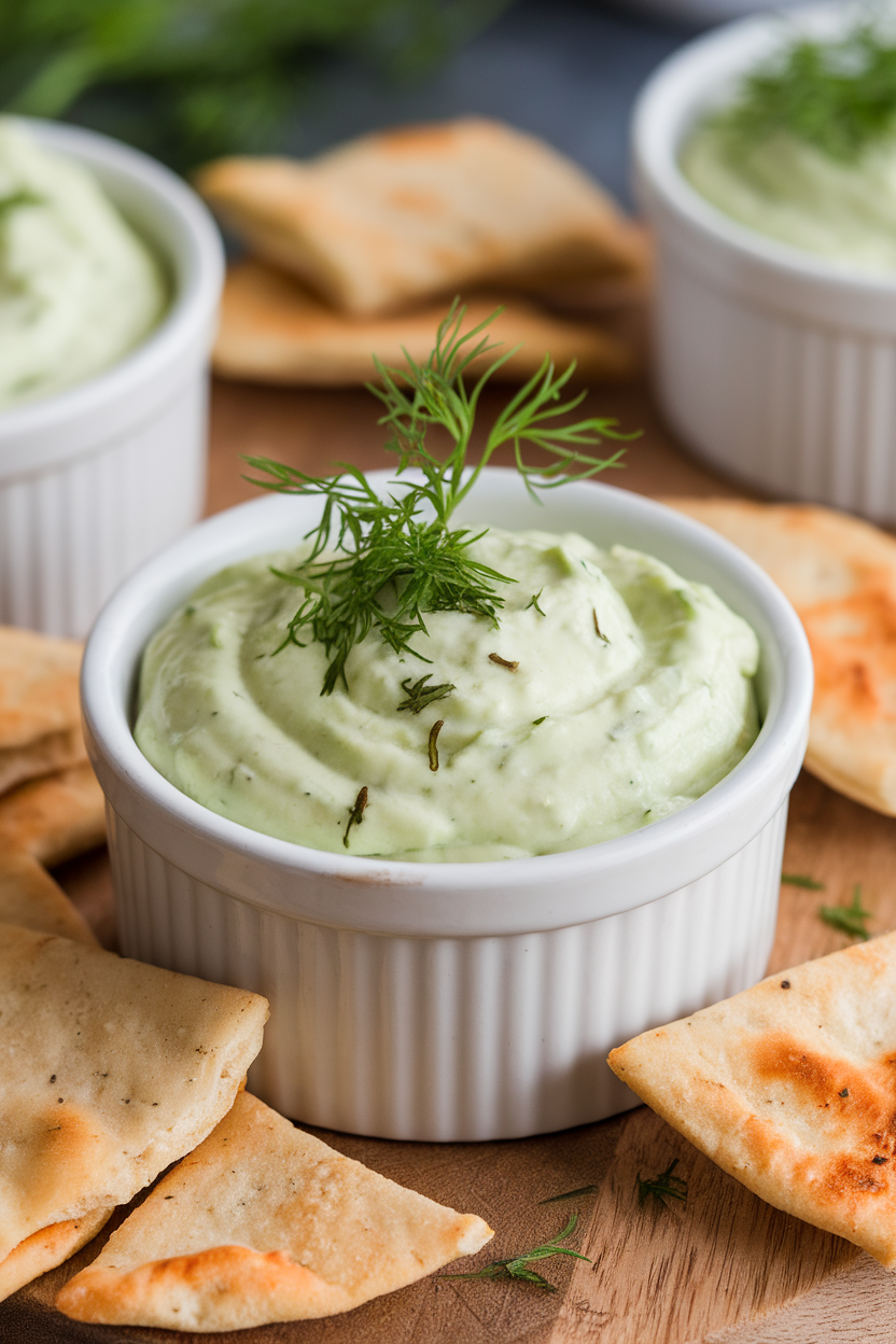 An indoor ramekin of pale green avocado-tzatziki topped with dill, surrounded by pita chips. No text or logos. Photo, not illustration.