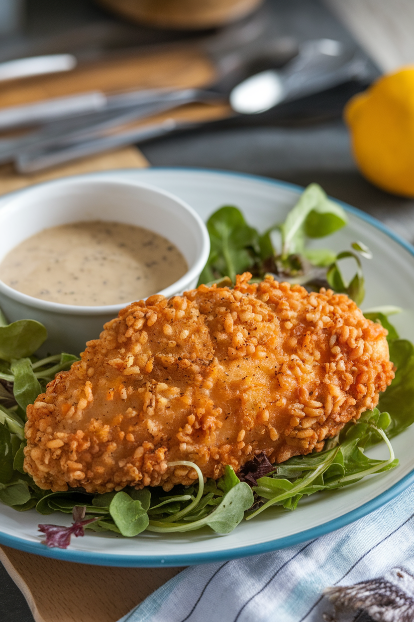 Indoor table with fried chicken breasts coated in rice crumbs, small bowl of peppery gravy, photo only, no text or logos
