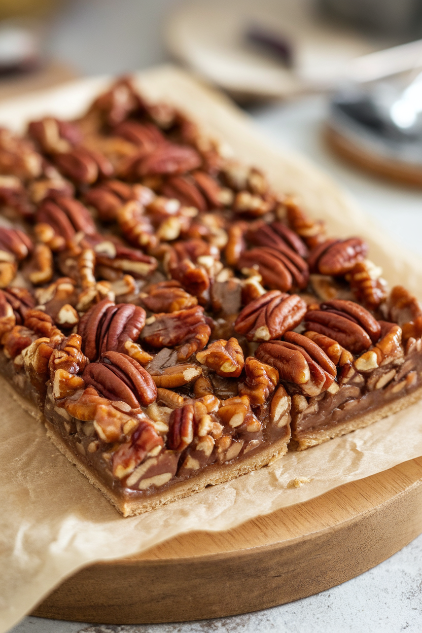 Indoor photo of neatly cut pecan pie bars on a parchment-lined wooden board, caramelized topping visible; no text or logos.
