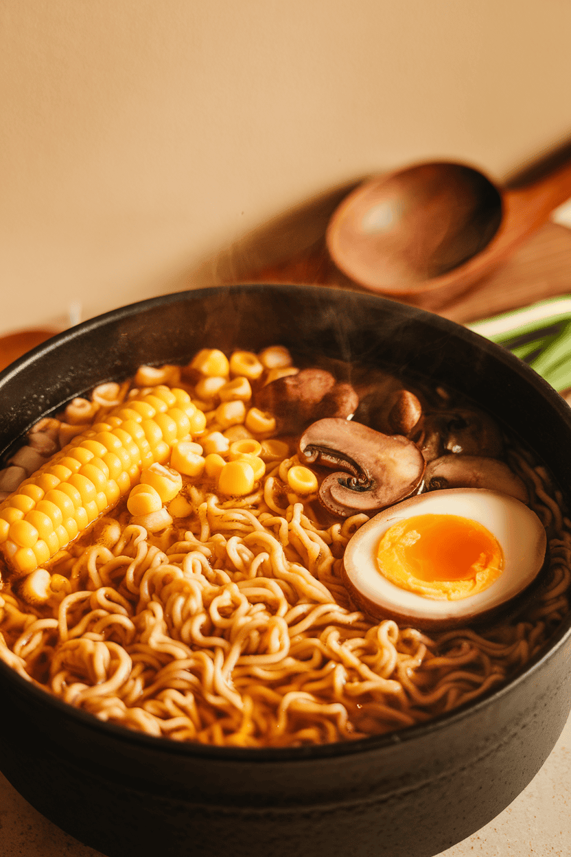 Indoor photo of a pot of ramen noodles loaded with corn, mushrooms, and sliced egg, steam rising; no text or logos.
