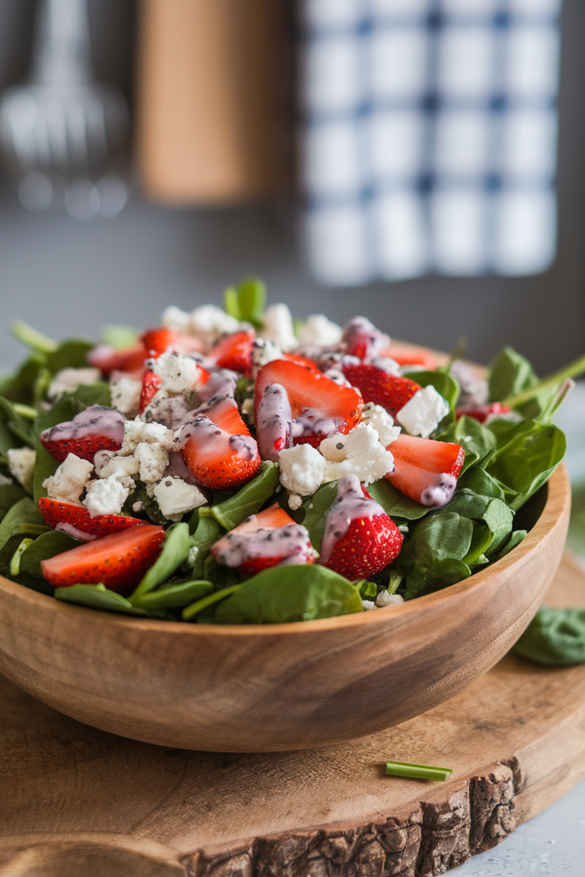 An indoor salad bowl containing baby spinach, sliced strawberries, feta, and poppy seed dressing, no text or logos. Photo.</Prompt