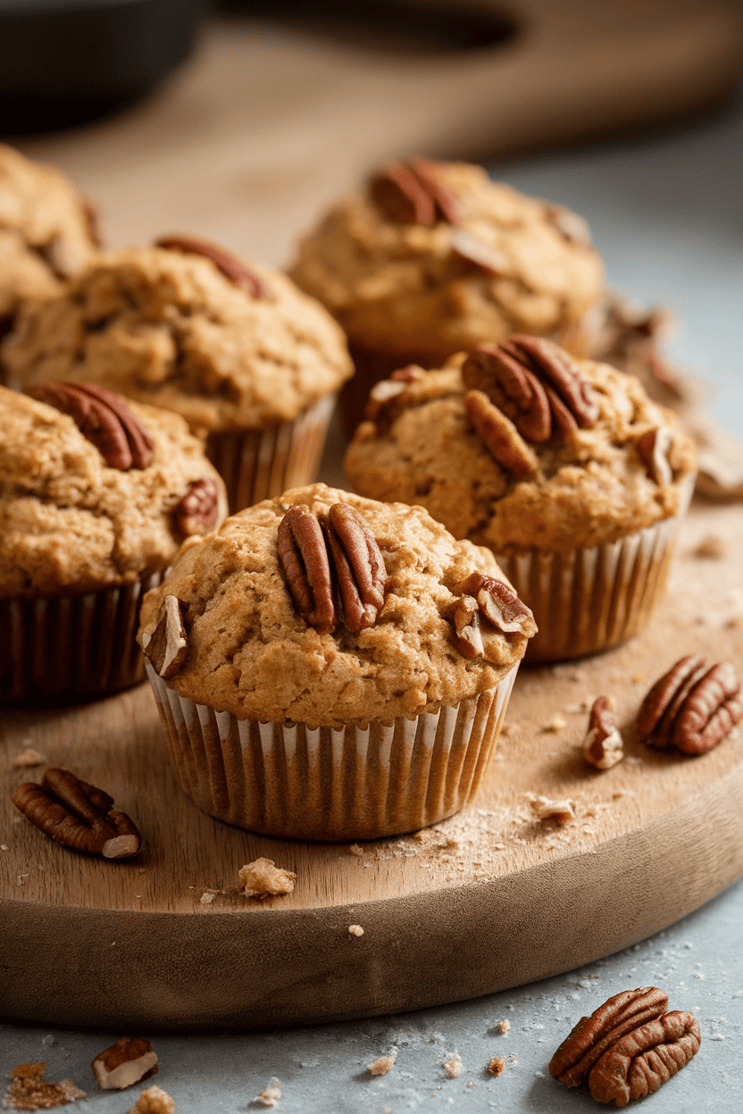 Indoor photo of golden bran muffins studded with pecans on a wooden board, no text or logos.
