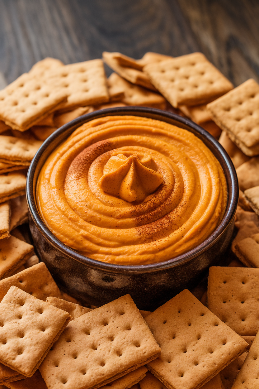 A ceramic indoor bowl of creamy orange pumpkin cheesecake dip topped with a swirl of cinnamon, surrounded by graham crackers. Photo only, no text or logos.