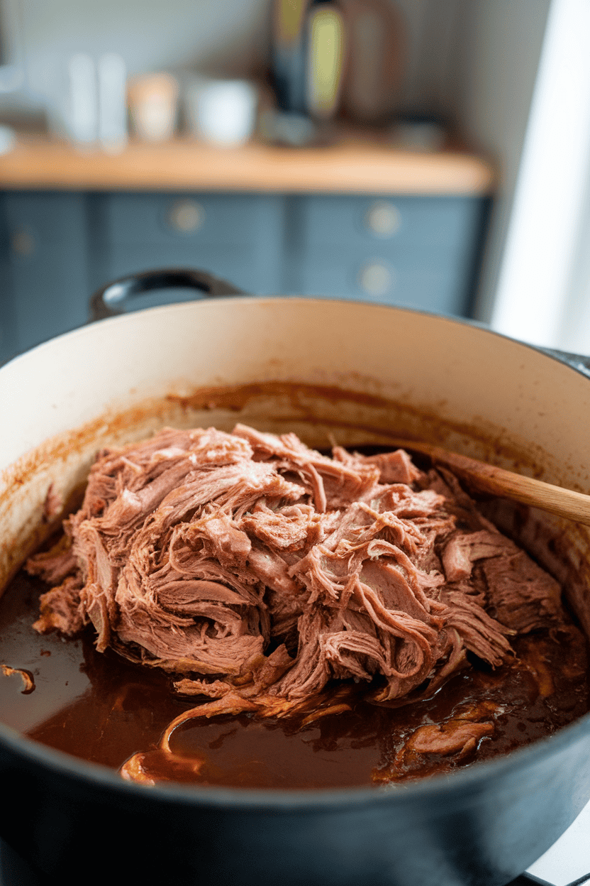 Indoor photo of shredded pulled pork in a Dutch oven, barbecue sauce pooling at the bottom; no text or logos present.