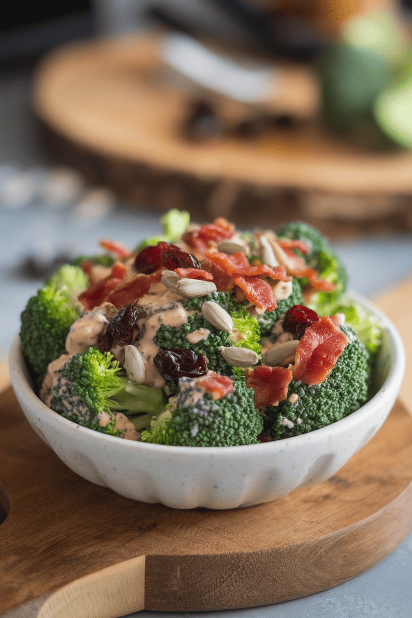 An indoor bowl of raw broccoli florets tossed with crispy bacon bits, dried cranberries, and sunflower seeds coated in creamy dressing. No text or logos; photo only.