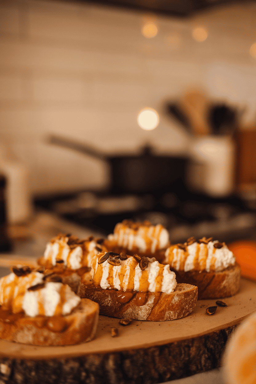 Warm indoor photo of toasted baguette slices topped with pumpkin spice ricotta and a drizzle of maple syrup, garnished with pepitas on a wooden board. No text or logos.